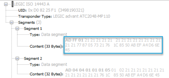 Screenshot: Example content of a LEGIC card shown in BALTECH ID-engine Explorer