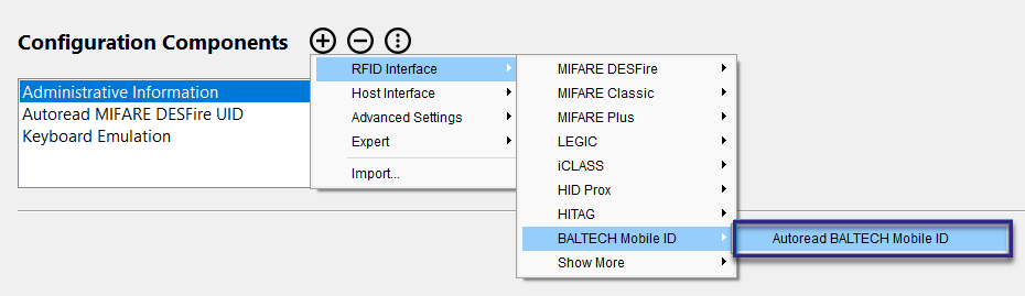 Screenshot: Add Autoread component for Mobile ID to a configuration in BALTECH ConfigEditor