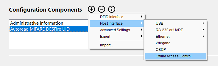 Screenshot: Add Offline Access Control component manually to a configuration for an RFID reader in BALTECH ConfigEditor