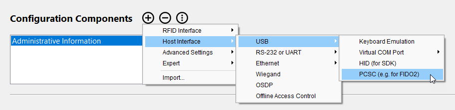 Screenshot: Add PC/SC host interface component in BALTECH ConfigEditor