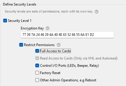 Screenshot: Create a security level for AES authentication and encryption in BALTECH ConfigEditor