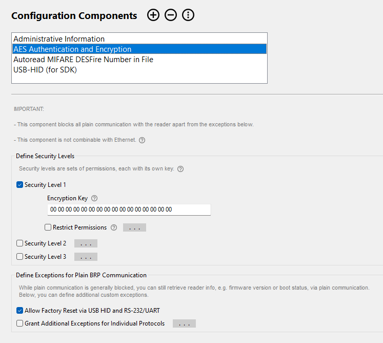 Screenshot: AES Authentication and Encryption component in BALTECH ConfigEditor