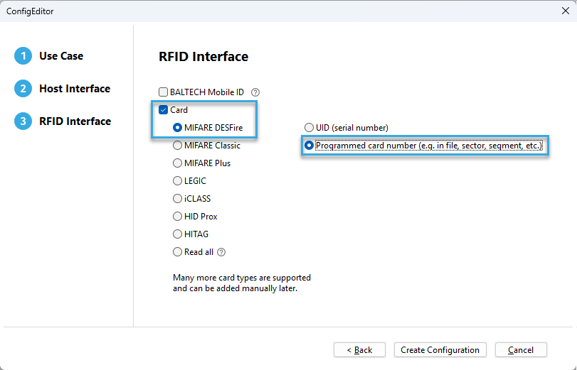 Screenshot: Select "MIFARE DESFire" and "Programmed Card Number" in the Autoread Wizard of BALTECH ConfigEditor