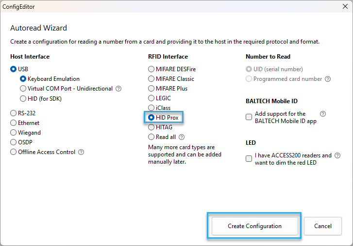Screenshot: Select *HID Prox* in the Autoread Wizard of BALTECH ConfigEditor
