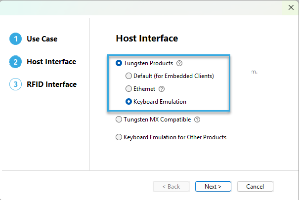 Screenshot: Option "Tungsten Products > Keyboard Emulation" selected in Autoread Wizard in BALTECH ConfigEditor