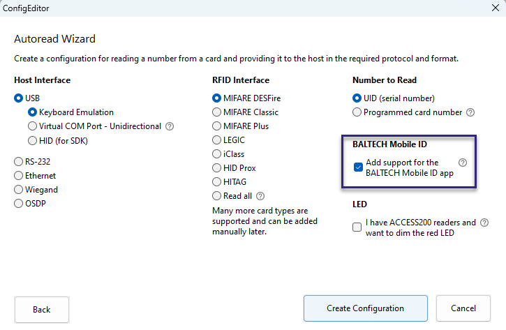 Screenshot: Enable checkbox for Mobile ID in Autoread Wizard of BALTECH ConfigEditor