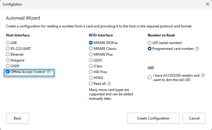 Screenshot: Offline Access Control selected as host interface in the Autoread Wizard of BALTECH ConfigEditor