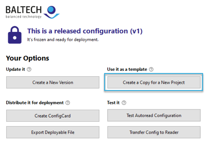 Screenshot: Option "Create a copy for a new project" in BALTECH ConfigEditor