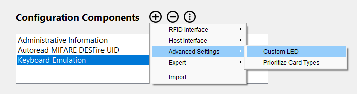 Menu path to add the Custom LED component to an Autoread configuration in BALTECH ConfigEditor