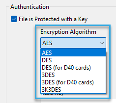 Screenshot: Encryption Algorithm dropdown in the configuration component 'Autoread MIFARE DESFire Number in File' of BALTECH ConfigEditor