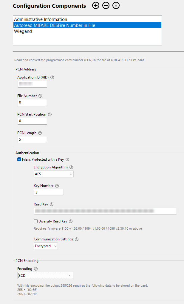 Screenshot: Component "Autoreaad MIFARE DESFire Number in File" in BALTECH ConfigEditor