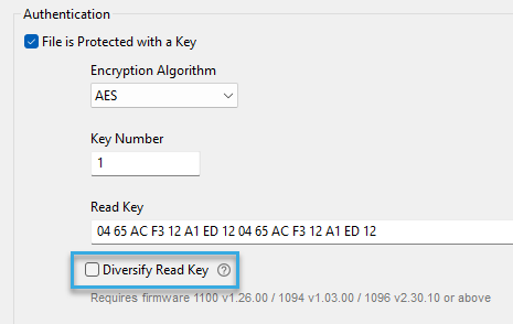 Screenshot: Checkbox 'Diversify key' in the configuration component 'Autoread MIFARE DESFire Number in File' of BALTECH ConfigEditor