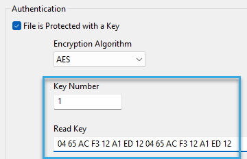 Screenshot: Key number and key entry fields in the configuration component 'Autoread MIFARE DESFire Number in File' of BALTECH ConfigEditor