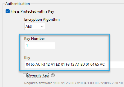 Screenshot: Key number and key entry fields in the configuration component 'Autoread MIFARE DESFire Number in File' of BALTECH ConfigEditor