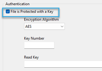 Screenshot: Checkbox 'File is Protected with a Key' in the configuration component 'Autoread MIFARE DESFire Number in File' of BALTECH ConfigEditor