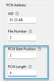 Screenshot: PCN start position and PCN lengh entry fields in the configuration component 'Autoread MIFARE DESFire Number in File' of BALTECH ConfigEditor