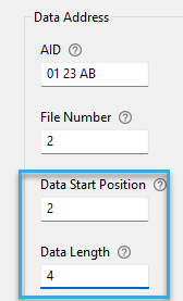 Screenshot: Data start position and data lengh entry fields in the MIFARE DESFire component of a configuration for BALTECH RFID readers