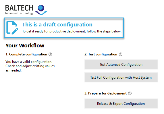 Screenshot: New configuration version created in BALTECH ConfigEditor