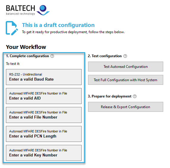 Screenshot: Example list of empty, mandatory configuration fields in a configuration in BALTECH ConfigEditor