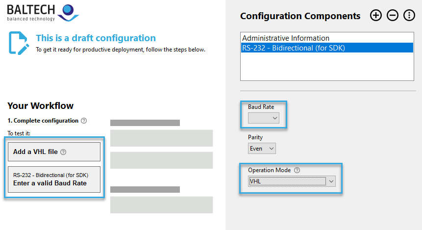Screenshot: Example list of missing components and empty, mandatory configuration fields in a configuration created from scratch in BALTECH ConfigEditor