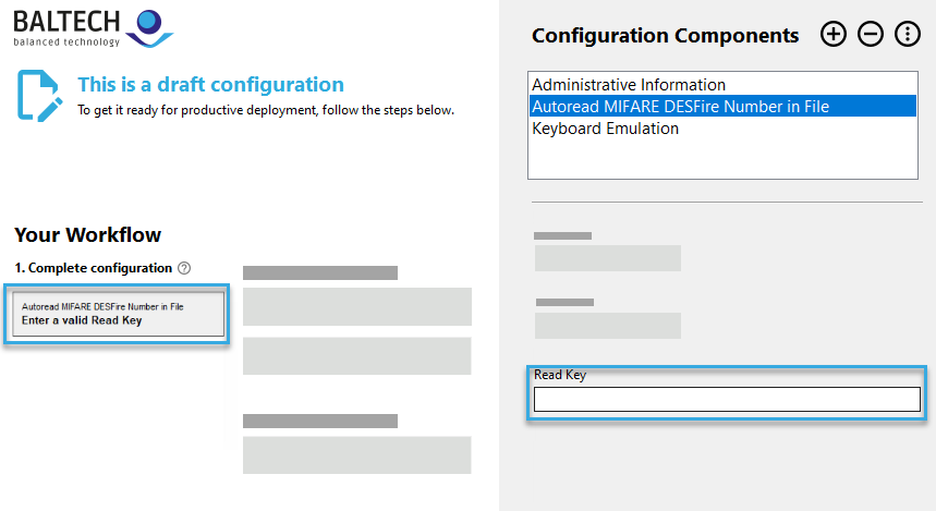 Screenshot: Enter the key in a configuration template in BALTECH ConfigEditor