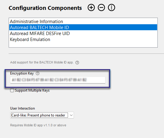 Screenshot: Encryption key for a BALTECH Mobile ID project entered in the reader configuration in BALTECH ConfigEditor