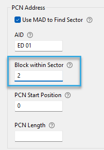 Screenshot: 'Block within Sector' entry field in the configuration component 'Autoread MIFARE Classic Number in Sector' of BALTECH ConfigEditor