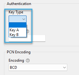 Screenshot: Key Type dropdown in the configuration component 'Autoread MIFARE Classic Number in Sector' of BALTECH ConfigEditor