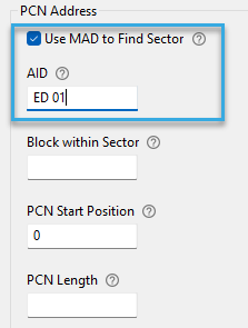 Screenshot: Checkbox 'Use MAD to Find Sector' and 'AID' entry field in the configuration component 'Autoread MIFARE Classic Number in Sector' of BALTECH ConfigEditor