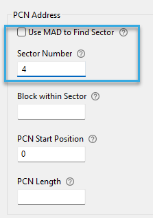 Screenshot: 'Sector Number' entry field in the configuration component 'Autoread MIFARE Classic Number in Sector' of BALTECH ConfigEditor