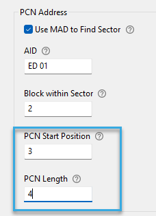 Screenshot: PCN start position and PCN lengh entry fields in the configuration component 'Autoread MIFARE Classic Number in Sector' of BALTECH ConfigEditor