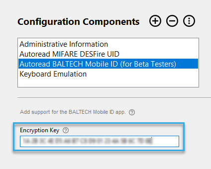 Screenshot: Encryption key for a BALTECH Mobile ID project entered in the reader configuration
