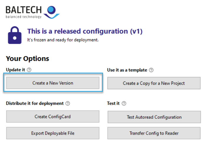 Screenshot: Create New Version button in BALTECH ConfigEditor