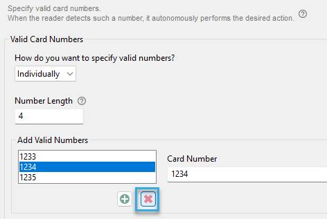 Screenshot: Remove an individual valid card number for offline access control in BALTECH ConfigEditor
