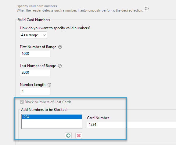 Screenshot: Block numbers in a range of valid card numbers for offline access control in BALTECH ConfigEditor