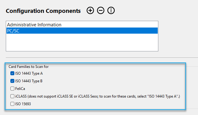 Screenshot: Select card families so scan for in  PC/SC host interface component in BALTECH ConfigEditor