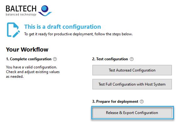 Button "Release & Export Configuration" in BALTECH ConfigEditor