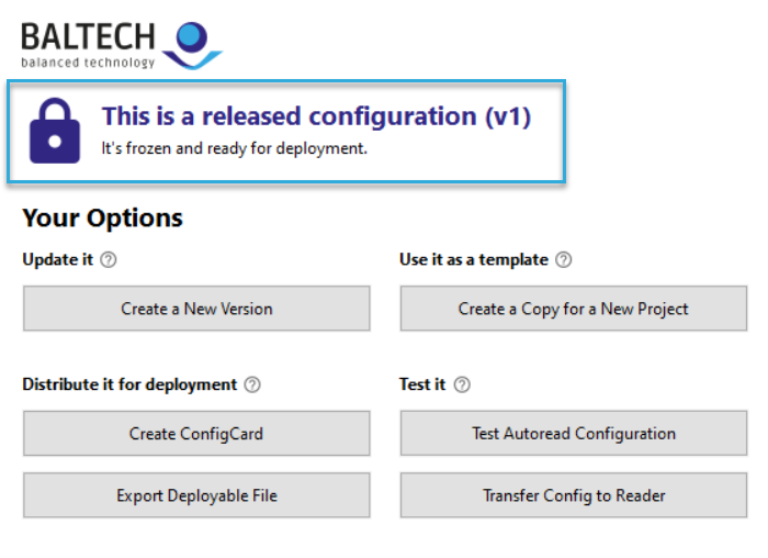Header of a released configuration version in BALTECH ConfigEditor