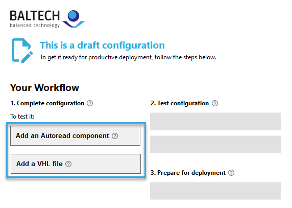 Screenshot: Missing RFID interface components as indicated in the left column of "Your Workflow" in BALTECH ConfigEditor 