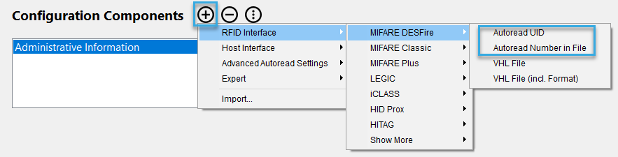 Screenshot: Example menu path to configure the RFID interface for a specific card type in BALTECH ConfigEditor