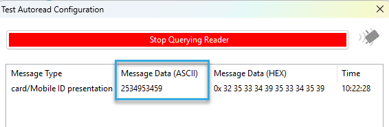 Screenshot: Example Autoread test result in BALTECH ConfigEditor or ID-engine Explorer
