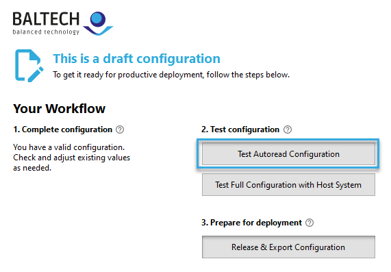 Screenshot: Button "Test Autoread Configuration" in BALTECH ConfigEditor