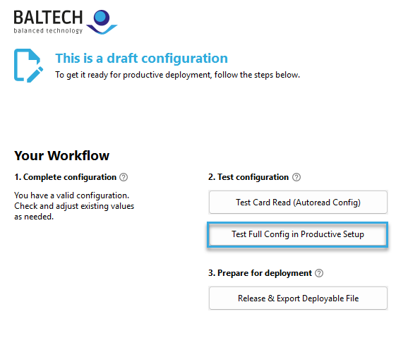 Screenshot: Button "Test Full Config in Productive Setup" in BALTECH ConfigEditor