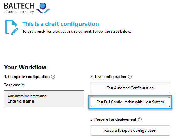 Screenshot: Button "Test Full Configuration with Test Reader" in BALTECH ConfigEditor