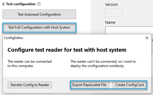 Screenshot: Options "Export Deployable File" and "Create ConfigCard" in BALTECH ConfigEditor to transfer a configuration to an RFID reader for a test with the host system