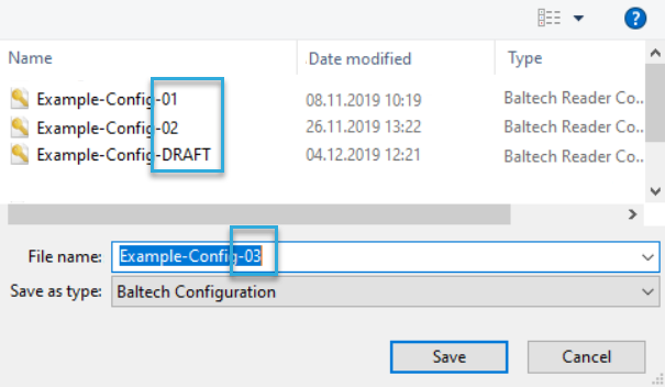 Screenshot: Automated versioning of configurations in BALTECH ConfigEditor