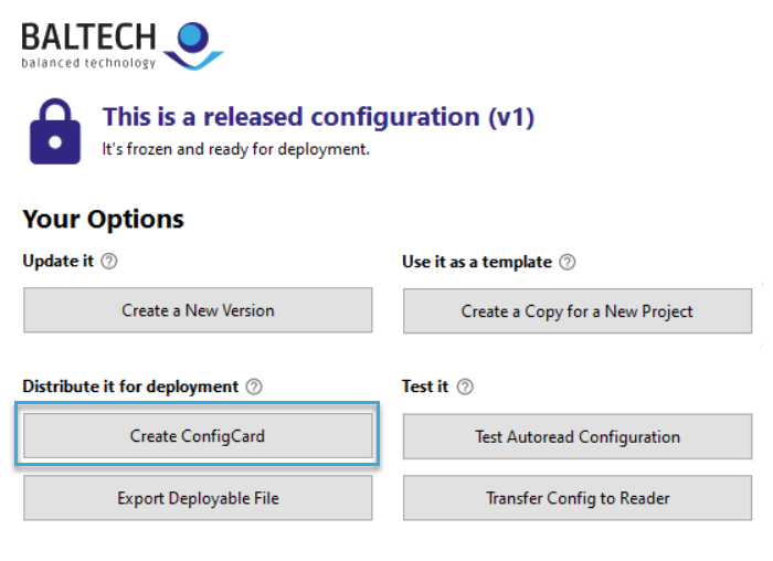 Screenshot: Button "Create ConfigCard" in BALTECH ConfigEditor