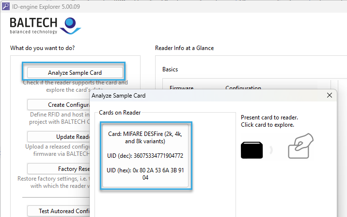 Screenshot: Analyze sample card in BALTECH ID-engine Explorer