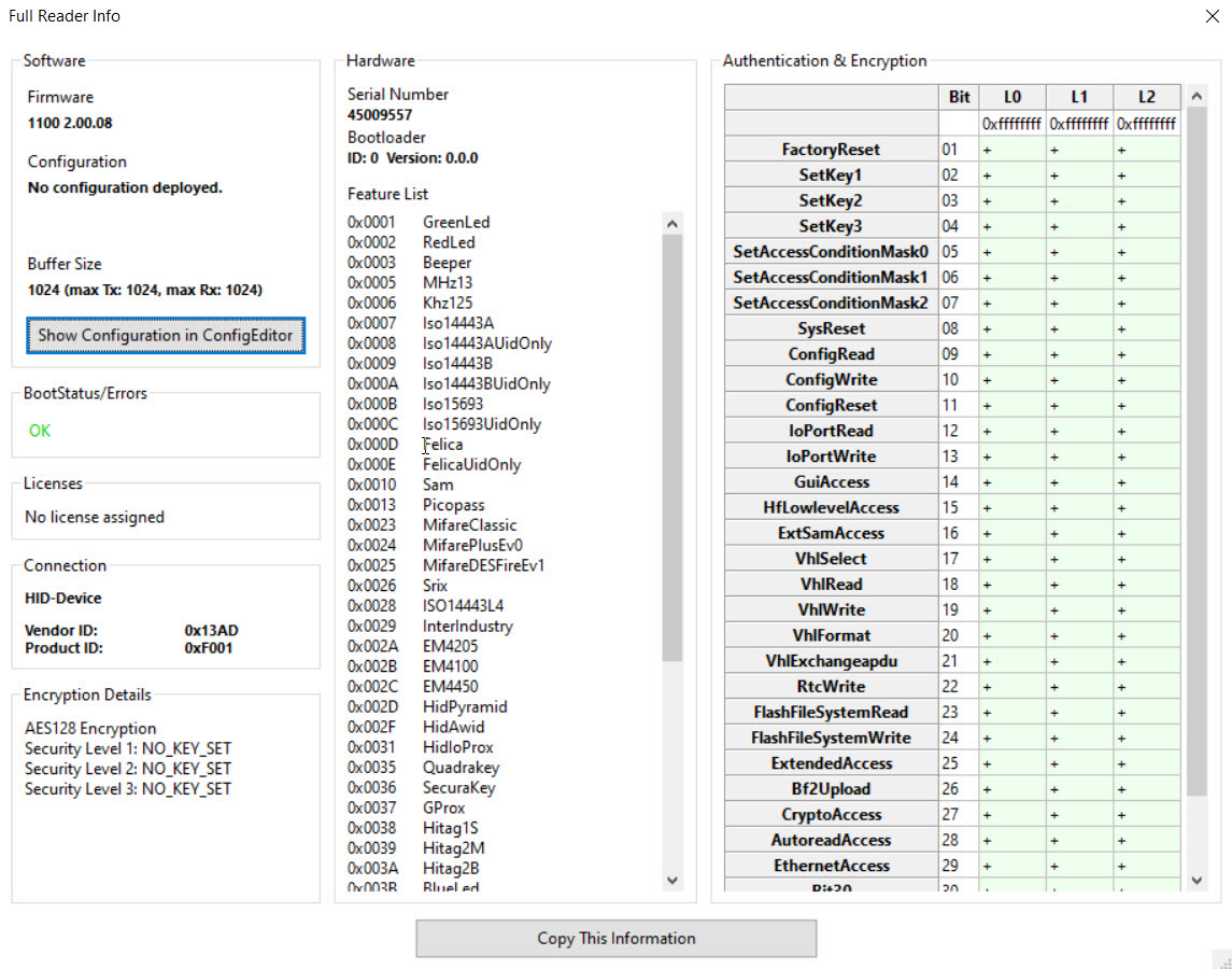Screenshot: Copy This Information button in BALTECH ID-engine Explorer