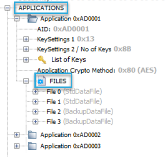 Screenshot: Applications and files on a MIFARE DESFire card show in BALTECH ID-engine explorer